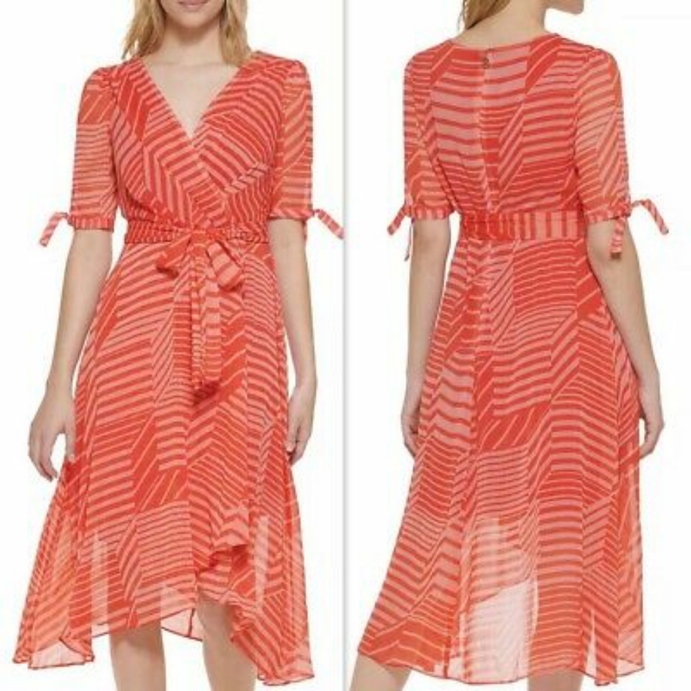 Tommy Hilfiger Coral Bloom Grenadine Midi Faux Wrap Dress Size 12 Flowy Vacation